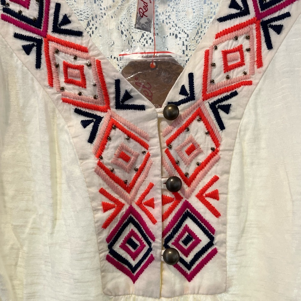 Red camel  sleeveless  summer  shirt purples oranges pink. BNWT cream.